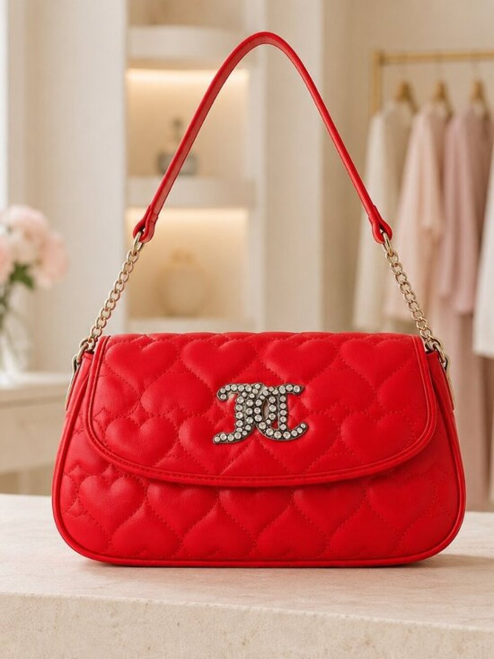 Juicy Couture Straight From the Heart Red Quilted Shoulder Bag Gold Chain NWT